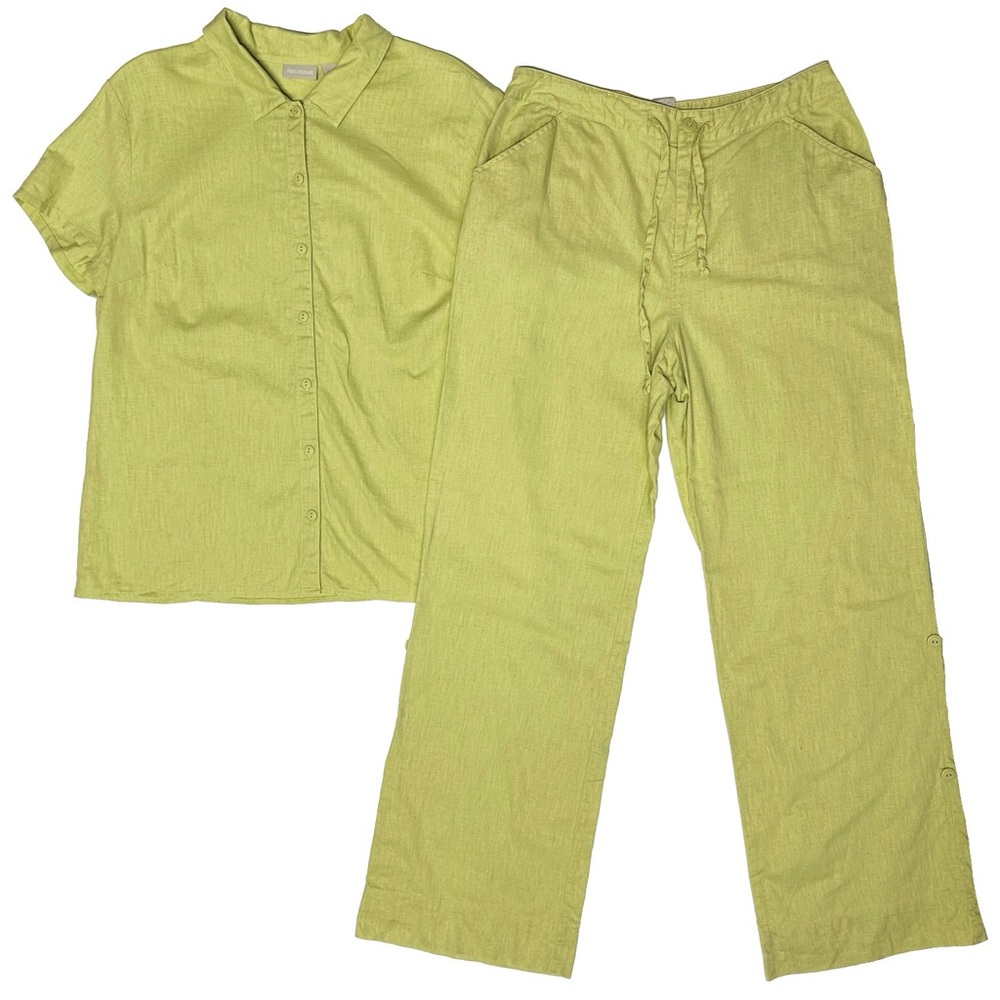2 Piece Set Vtg Fieldgear Linen Cotton Green Button Up Shirt and Pants 10/XL